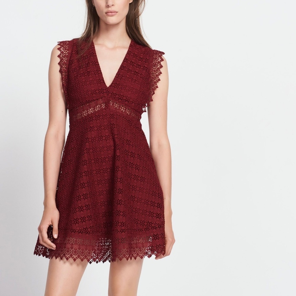 Sandro Burgundy Bordeaux Red Guipure Lace Skater Hem Mini Dress